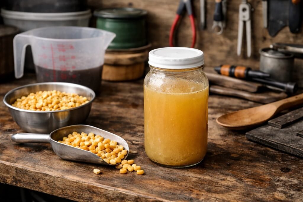 Homemade CSL-style carp bait liquid on a bait-making bench with maize and bait tools.
