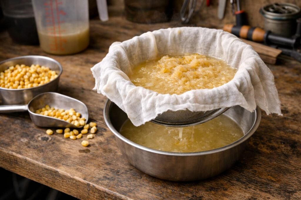 Homemade fermented corn liquid being strained for use in carp bait.