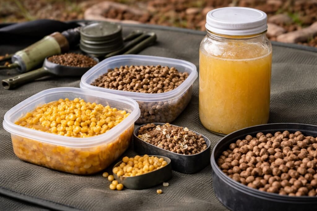 Homemade CSL-style liquid with particles and pellets prepared for carp fishing.