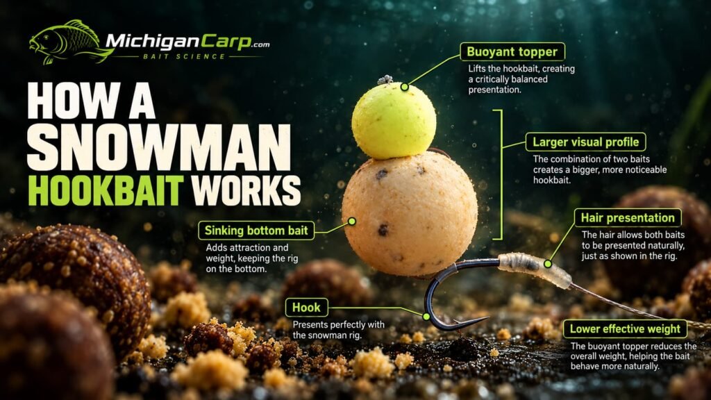 Snowman hookbait showing a sinking bottom bait, smaller pop-up topper, hair rig and the effect of added buoyancy.