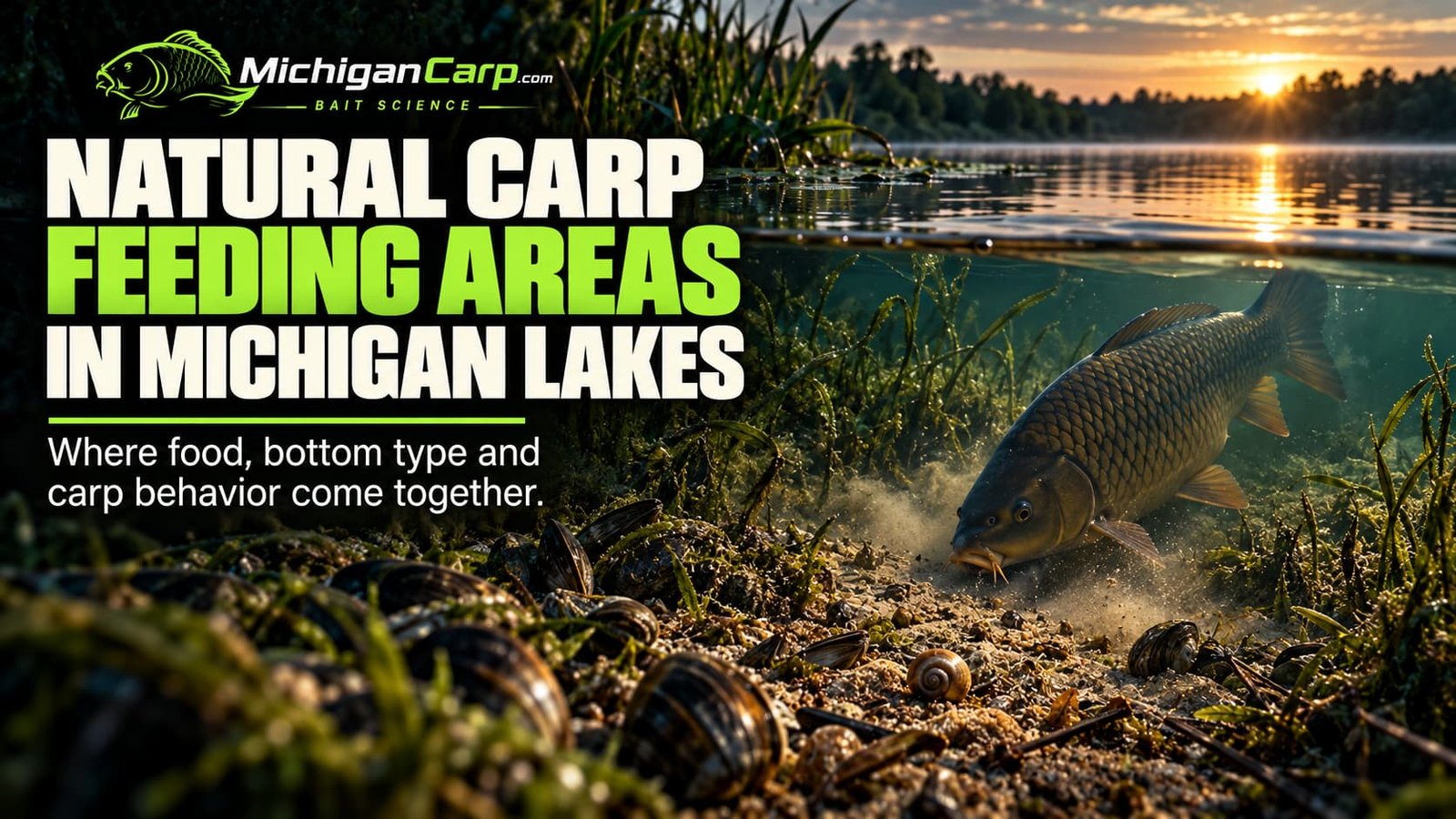 Natural carp feeding areas in a Michigan lake showing weed edges, productive silt, hard bottom, shell areas and carp movement routes.