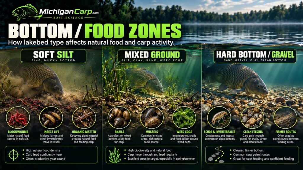 Lakebed cross section showing natural carp feeding zones around weed, productive silt, hard bottom and shell transitions.