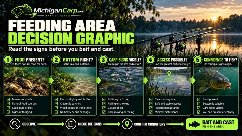 Natural carp feeding area decision diagram showing food, access, fish signs and a fishable bottom working together.