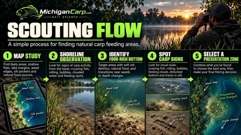 Carp feeding area scouting flow showing map study, observation, bottom checking, natural food clues, carp signs and fishing.