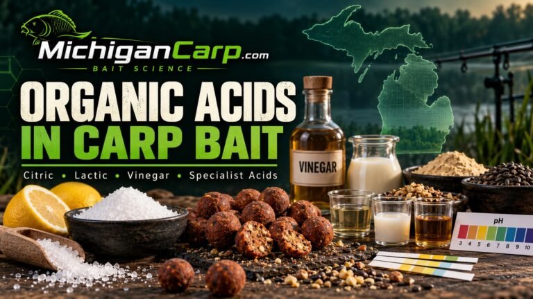 Organic acids in carp bait showing citric acid malic acid lactic acid vinegar pH testing boilies particles and milk nut ingredients
