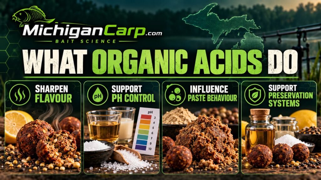 What organic acids do in carp bait including flavor sharpening pH control paste behavior and preservation support