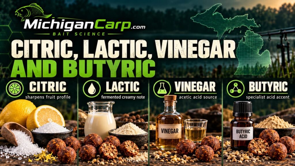 Citric lactic vinegar and butyric acid comparison for carp bait showing typical roles and bait applications
