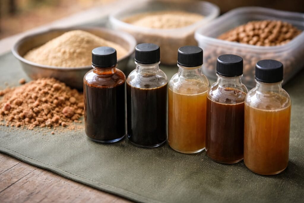 Unbranded bait liquids beside crumb, pellets, and powder ingredients.