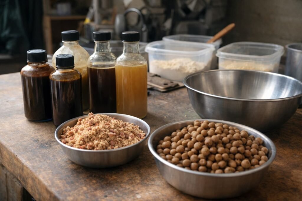 Yeast-style bait liquids and crumb arranged on a clean bait-making bench.