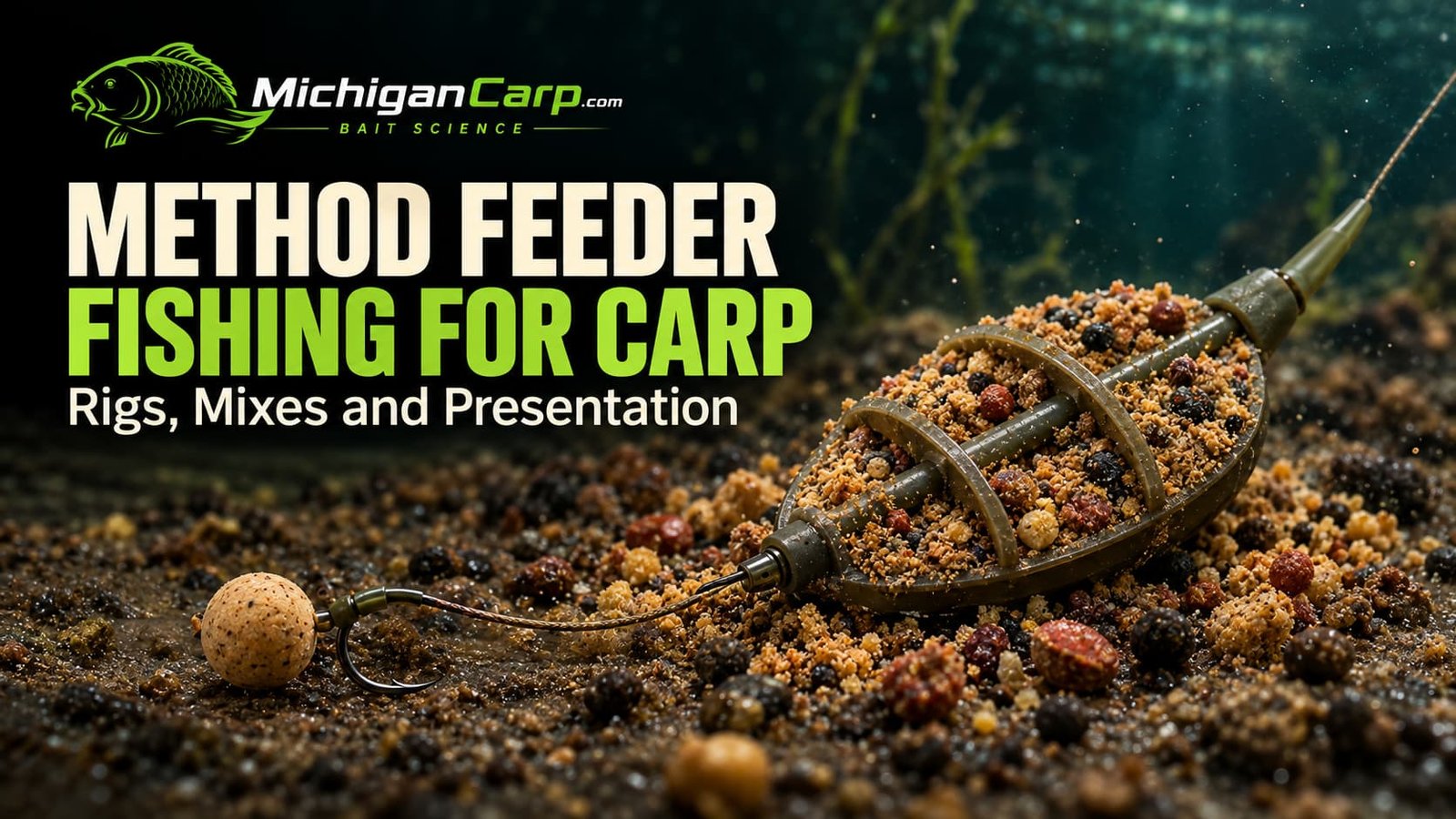 Method feeder fishing for carp showing an inline flat method feeder loaded with feed beside a short carp hooklink and hookbait.