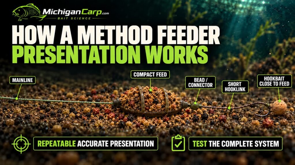 Inline Method feeder rig showing mainline, flat feeder, connector, short hooklink and hookbait positioned close to the feed.