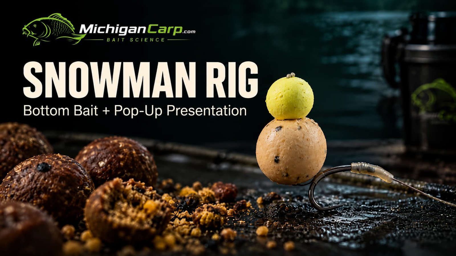 Snowman rig for carp showing a bottom boilie topped with a smaller pop-up on a hair presentation.