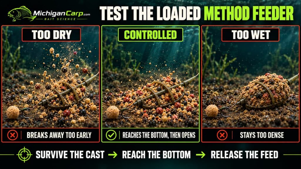 Method feeder breakdown test comparing a mix that is too dry, correctly prepared and too wet.