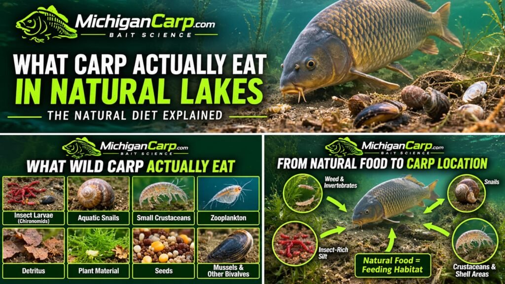  Michigan lakebed showing insect-rich silt, weed, aquatic snails, crustaceans and shell areas used by feeding carp.