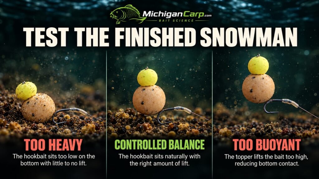Snowman rig balance test comparing a heavy hookbait, controlled balanced presentation and an overly buoyant snowman.