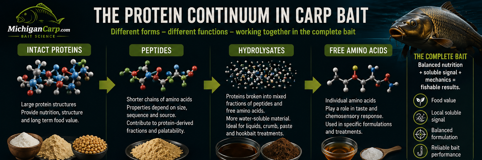 Protein continuum in carp bait showing intact proteins, peptides, hydrolysates and free amino acids with their different bait functions