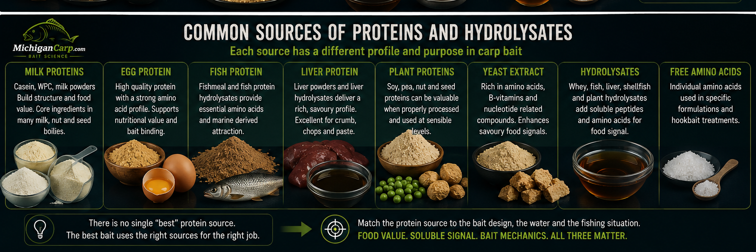 Common sources of proteins and hydrolysates in carp bait including milk proteins, egg protein, fish protein, liver protein, plant proteins, yeast extract, hydrolysates and free amino acids