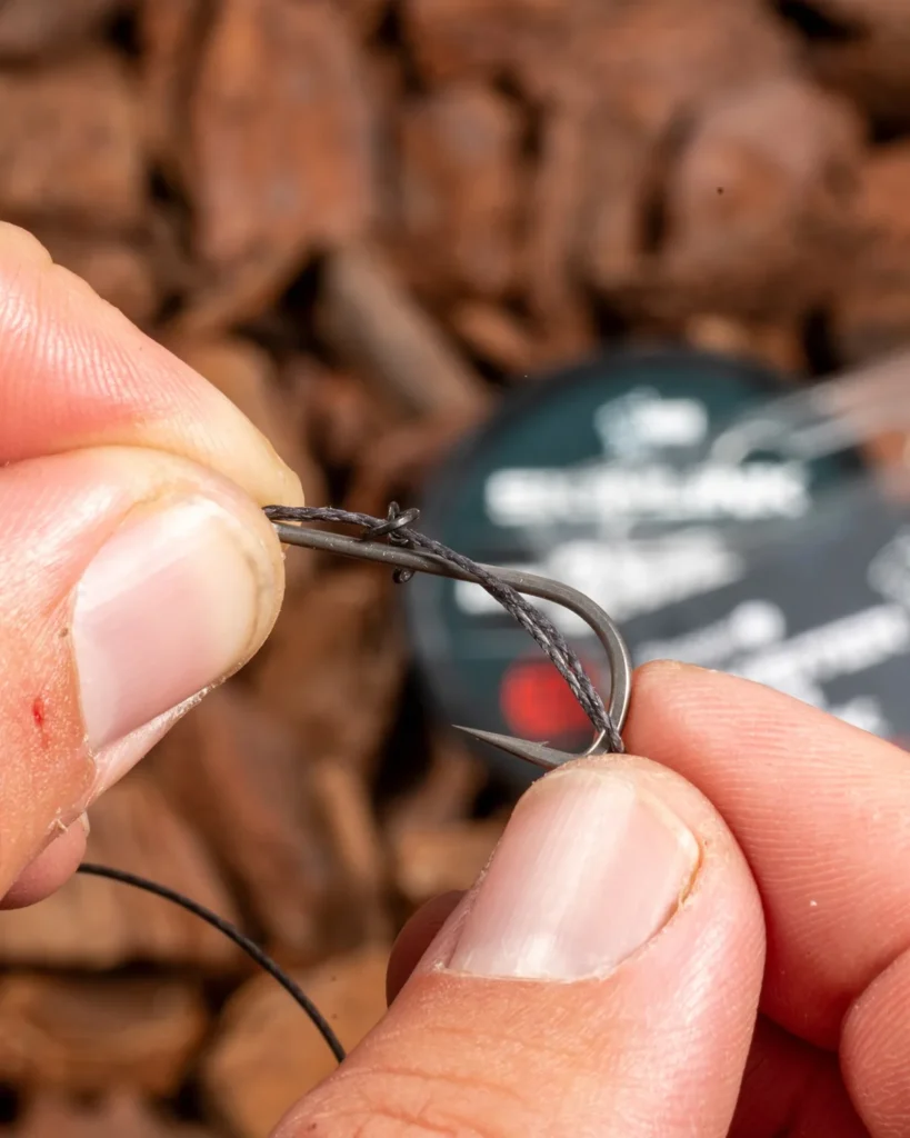Close-up of the completed Slip D knot and ring position behind the hook.