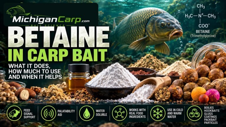 Betaine in carp bait showing anhydrous betaine powder, boilies, hookbaits, milk nut ingredients, hydrolysates, yeast and soluble food signals.