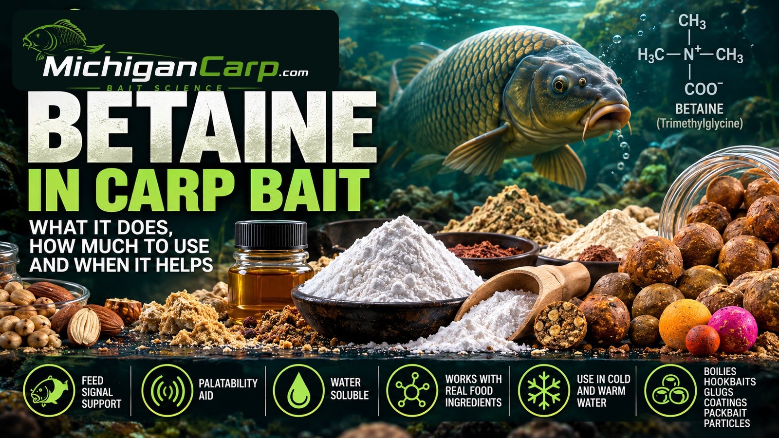 Betaine in carp bait showing anhydrous betaine powder, boilies, hookbaits, milk nut ingredients, hydrolysates, yeast and soluble food signals.
