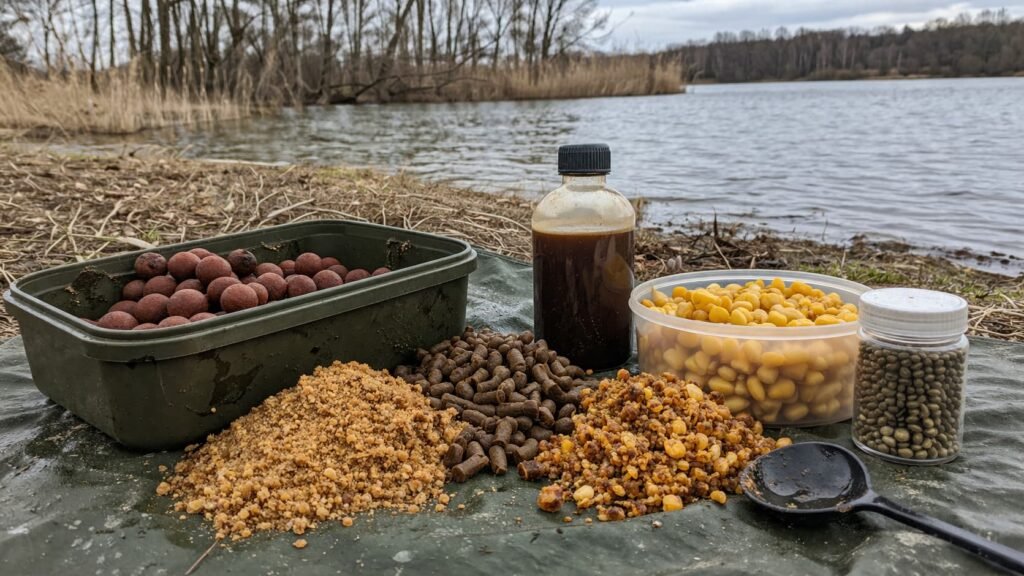 Carp bait and liquids set up beside a cold water lake margin.