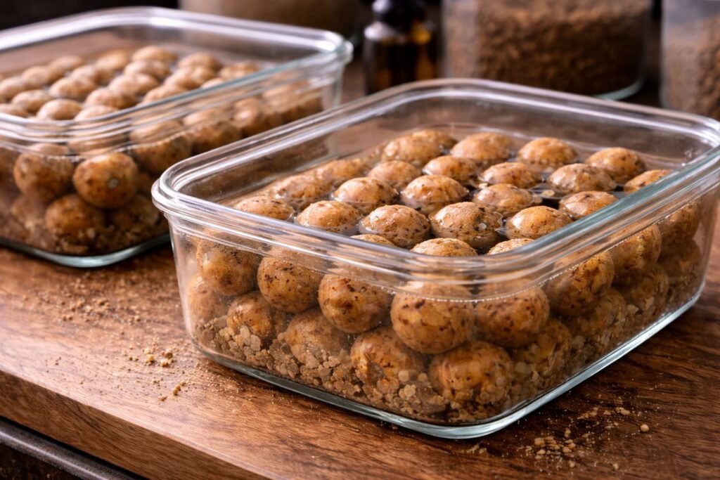 Carp baits soaking in water to show breakdown and water movement.