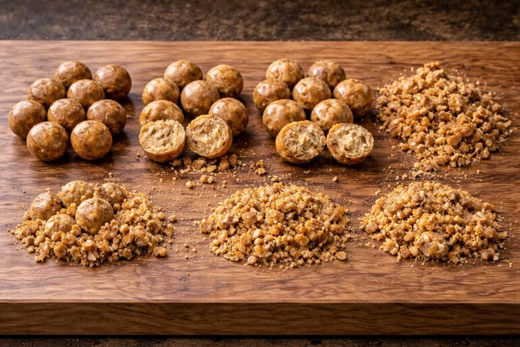 Different boilies showing faster and slower breakdown after soaking.
