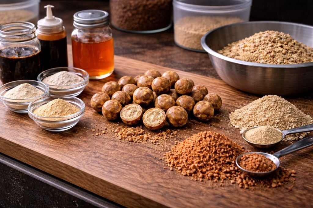 Soluble additives and solid protein ingredients compared in carp bait making.