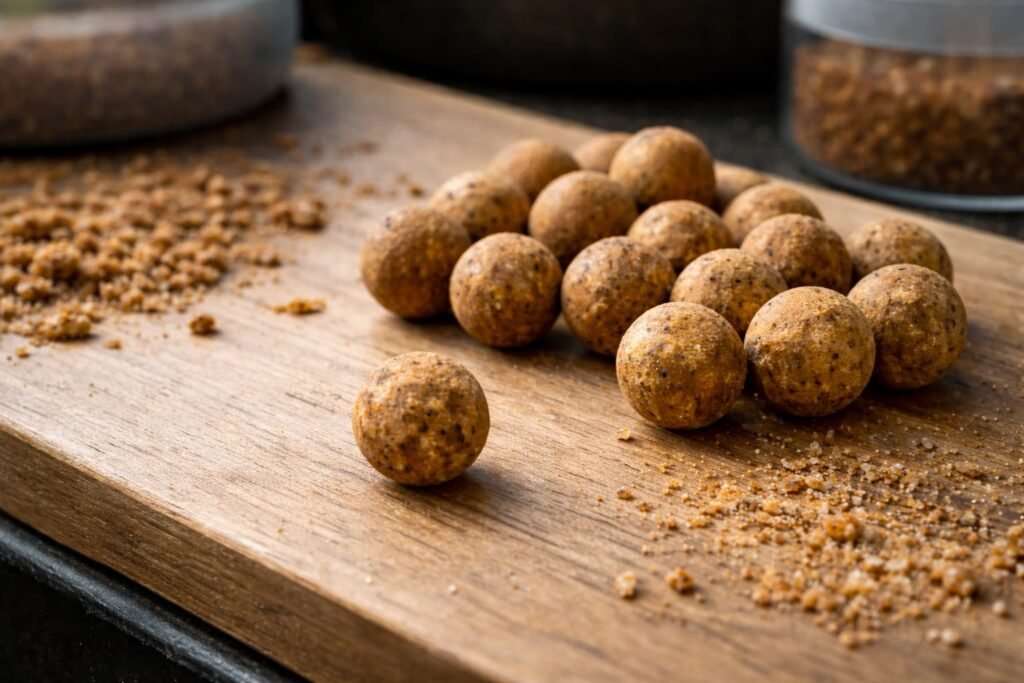 Hookbait beside matching freebaits on a carp bait bench.