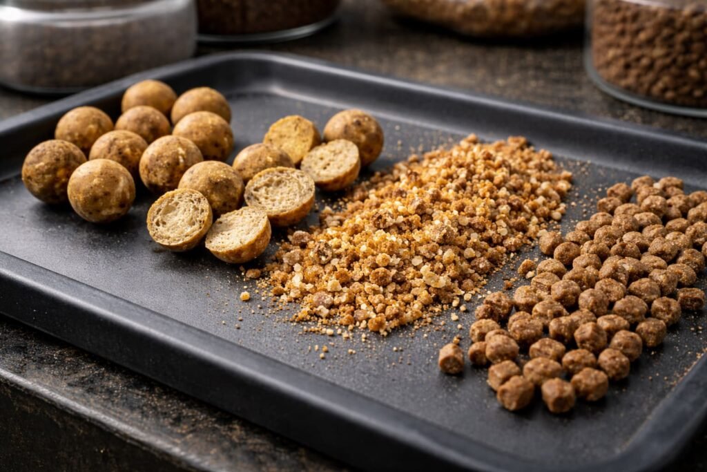 Whole and broken carp baits showing different surface area.