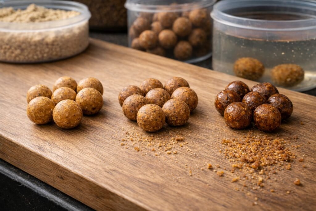 Fresh, dried, and rehydrated boilies arranged side by side.