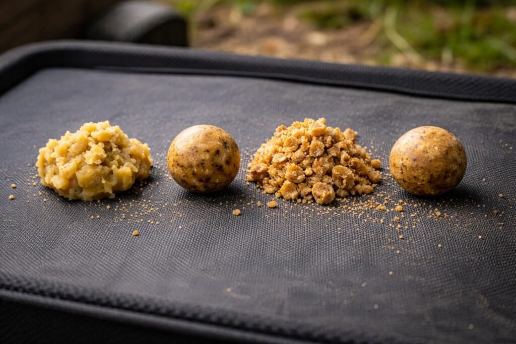 Different carp bait textures shown side by side.