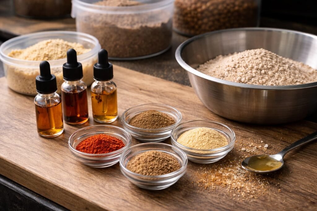 Carp bait ingredients with small droppers and spices on a clean bench.