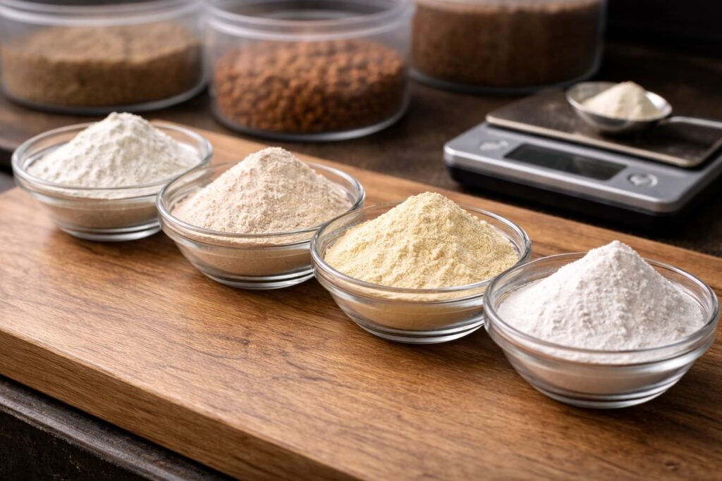 Four milk-based bait powders arranged in bowls for comparison.