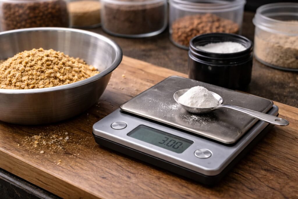Small powdered bait additive being weighed next to bait ingredients.