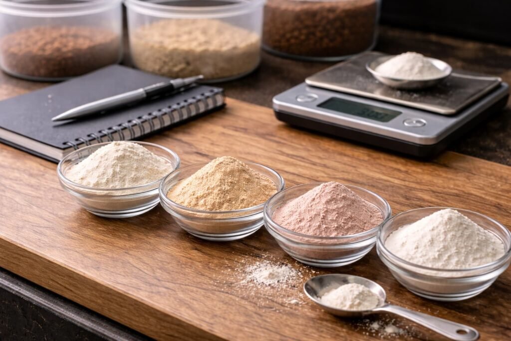 Functional bait powders laid out on a clean carp bait bench.