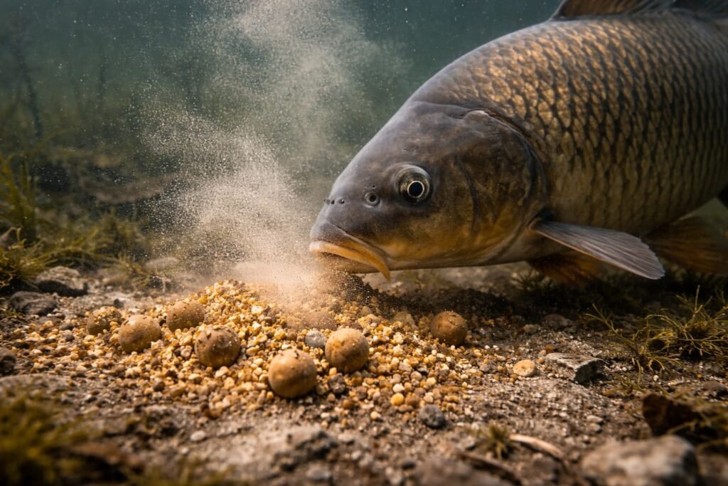 Common carp investigating bait on the lakebed underwater.
