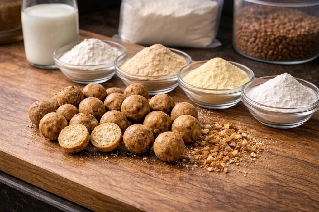 Milk protein ingredients and finished boilies on a bait bench.