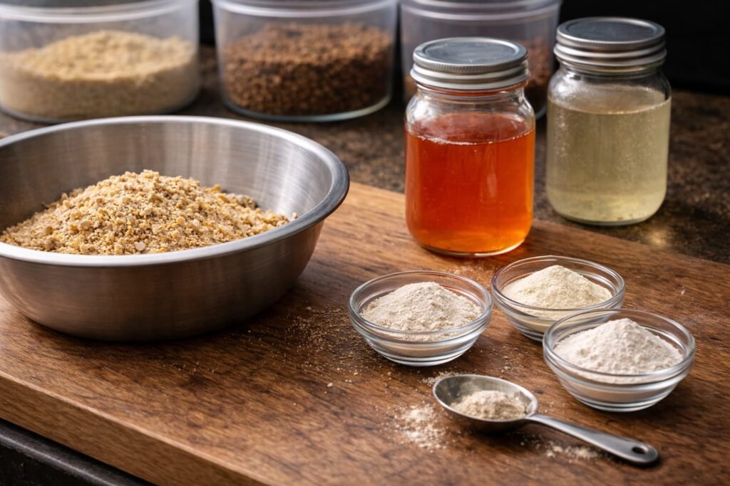 Carp bait ingredients and liquids arranged for a pH-related mixing setup.