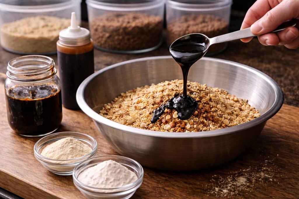 Liquid bait additive being added to a carp bait mix.