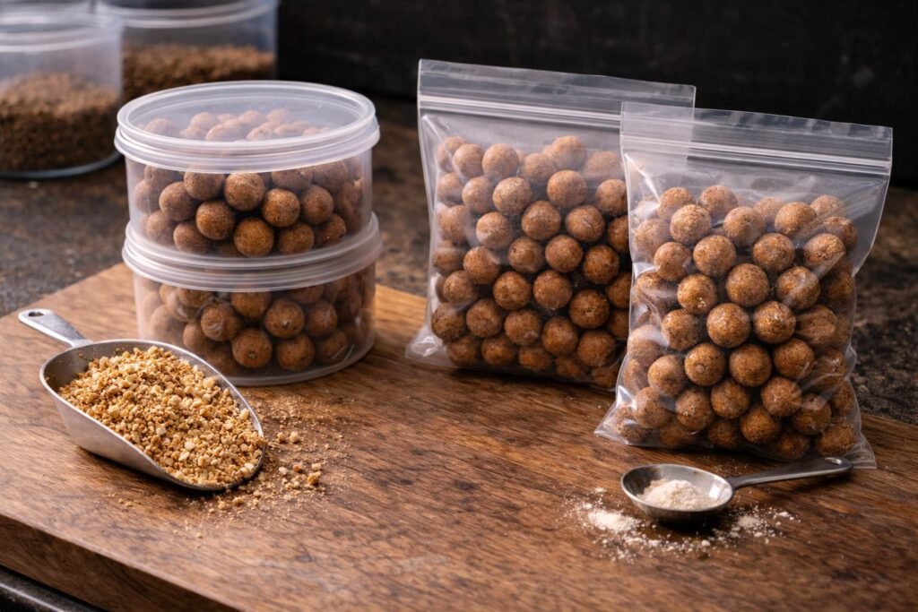 Shelf-life and freezer boilies stored side by side.
