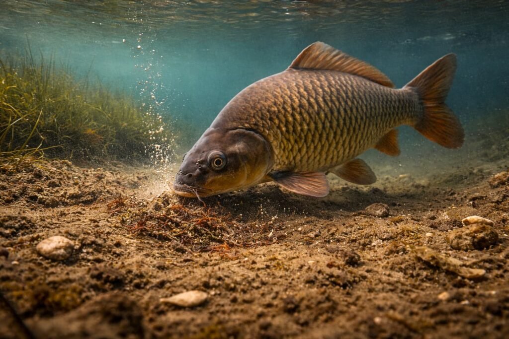 Common carp feeding over soft silt where natural bloodworm and lakebed food are abundant.