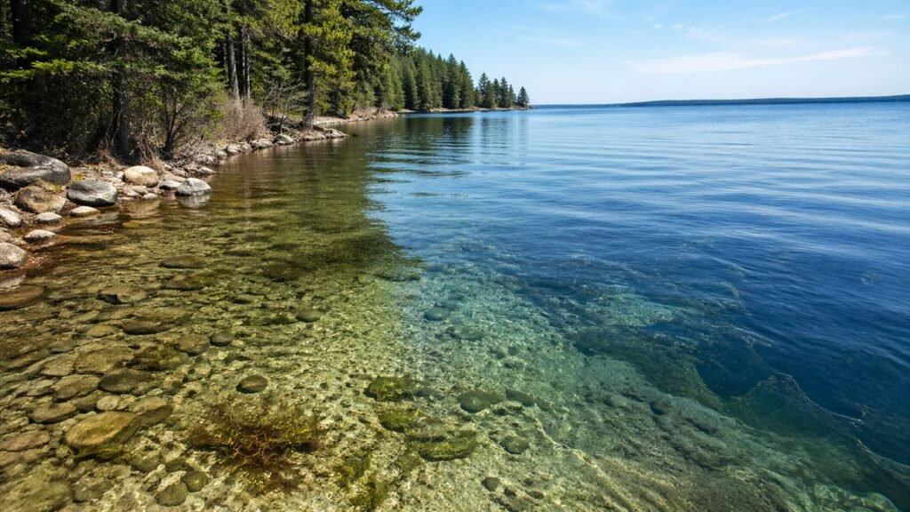 Clear Michigan lake margin showing light penetration, shallow detail, and a visible depth change.