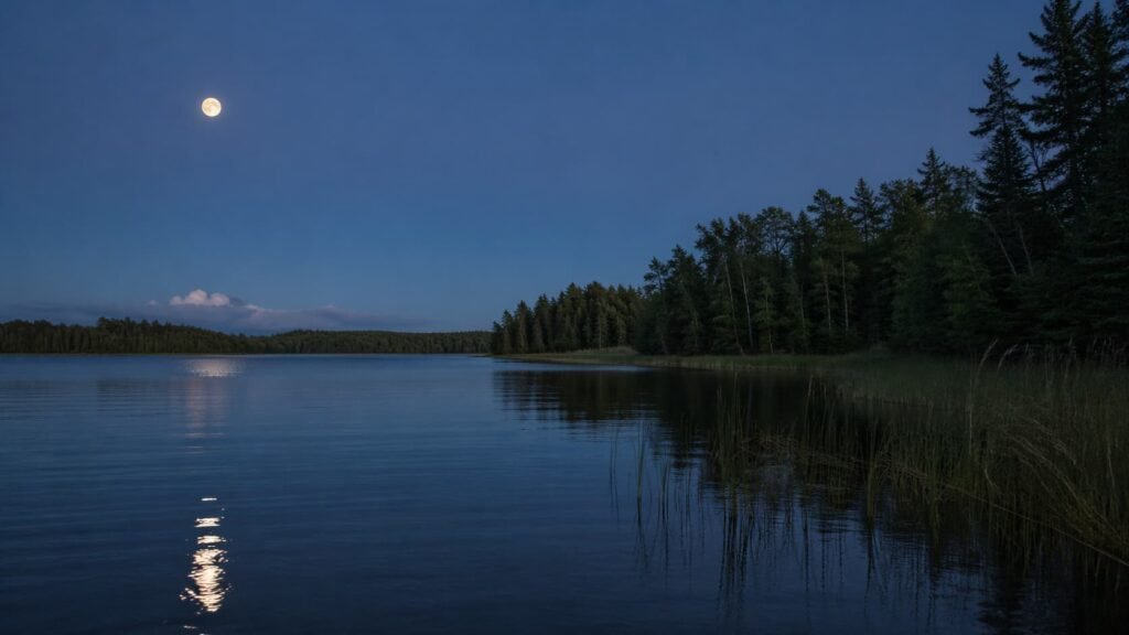 Michigan lake margin at dusk under moonlight with calm water and subtle cover.