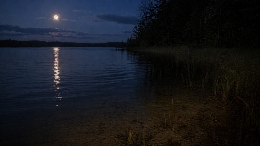 Quiet Michigan carp lake at night with moon glow on the surface and a shallow-to-deep transition.
