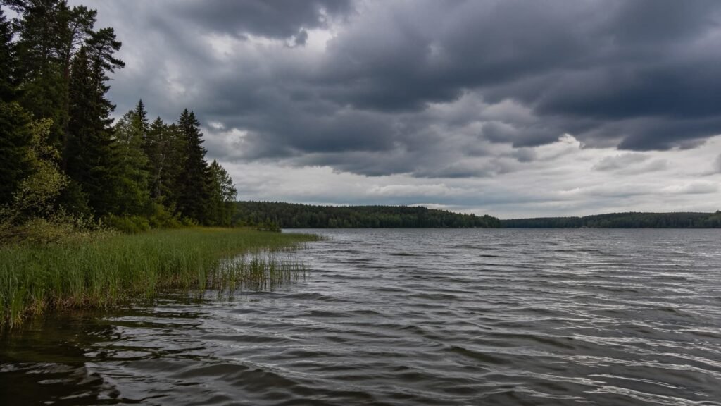 Michigan lake under pre-front cloud and ripple conditions that can affect carp movement.