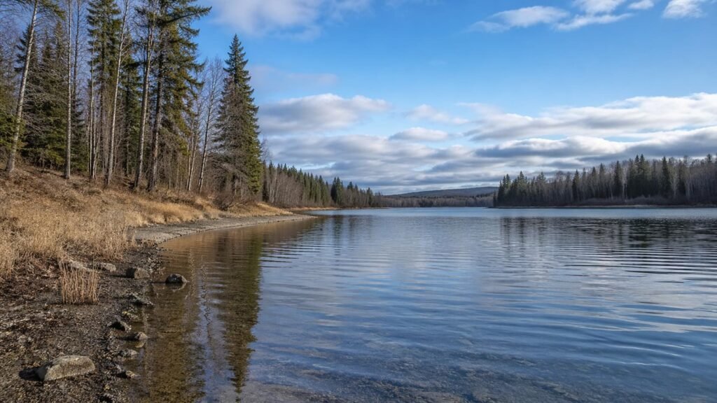 Michigan lake margin under calmer brighter post-front conditions with still water.