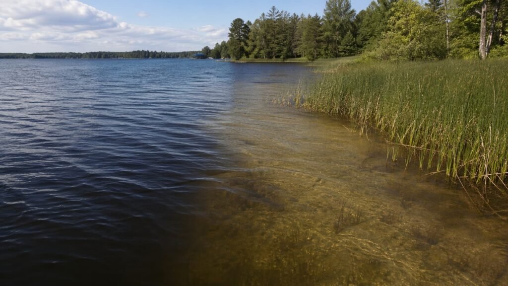 Michigan lake showing a likely carp route beside reeds, a shallow shelf, and nearby deeper water.