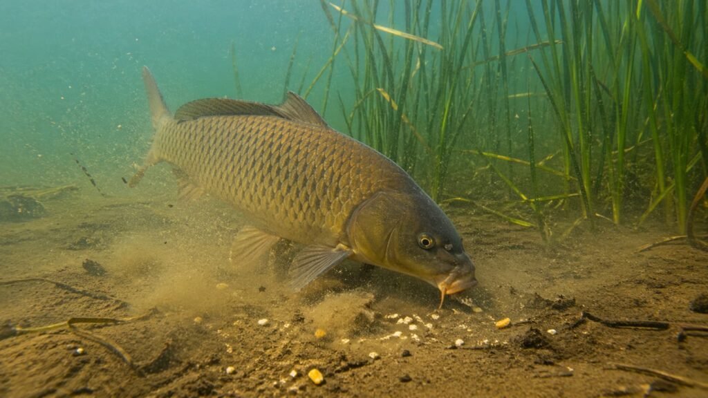 Common carp investigating the lakebed in clear freshwater with subtle silt disturbance.