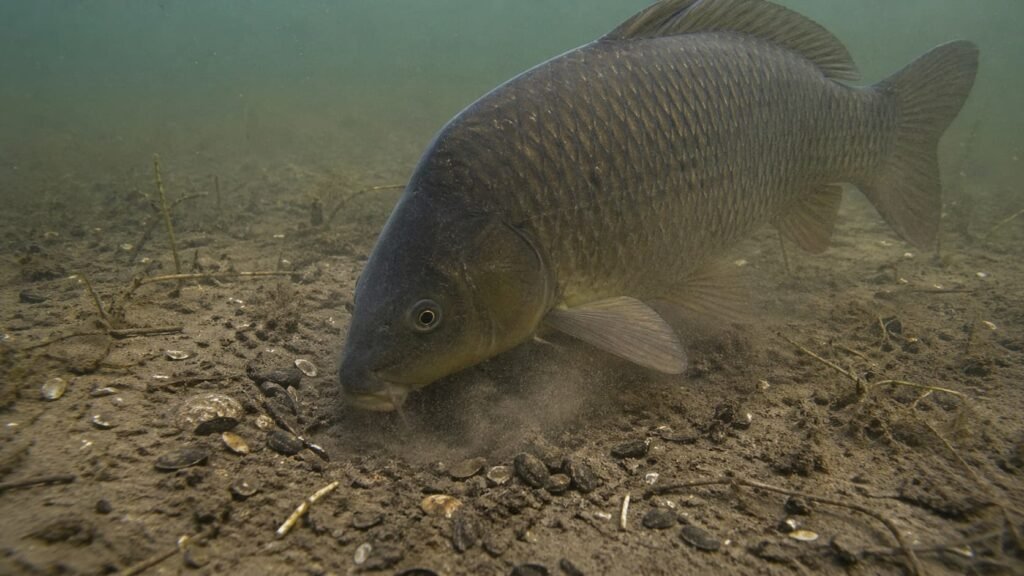 Common carp feeding over a rich silty lakebed with natural food clues visible.